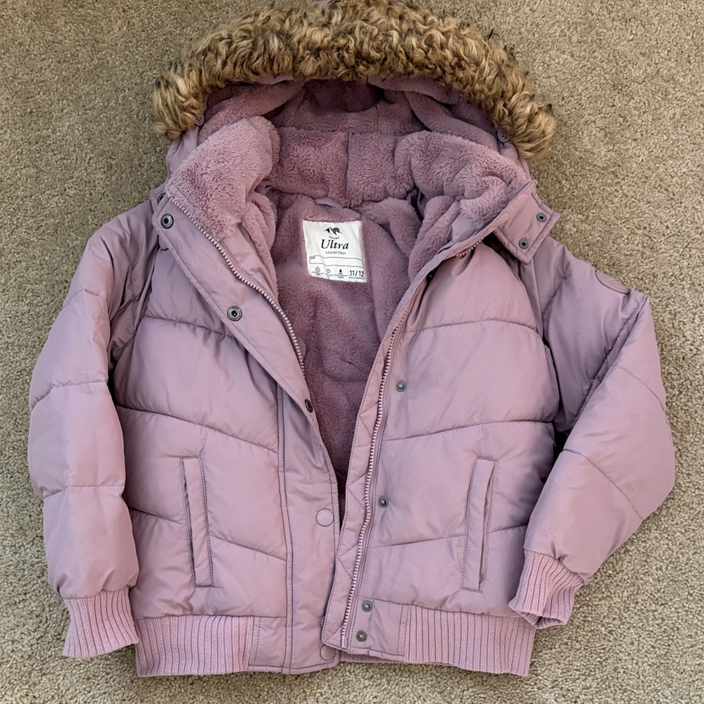 Abercrombie & Fitch Lavender Puffer Jacket with Faux Fur Hood